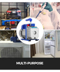 Pro Grade 1/4 Hvac Vacuum Pump Pulls A Sweet 2.5 Cfm Draw with dual exhaust, shown in multi-purpose use in various settings.