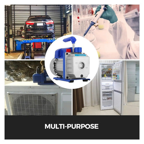 Pro Grade 1/4 Hvac Vacuum Pump Pulls A Sweet 2.5 Cfm Draw with dual exhaust, shown in multi-purpose use in various settings.