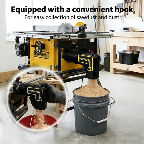 Table Saw Dust Collector Adapter 2.5 Inch Dust Port Connector with tool-free installation and dual dust bag hooks.