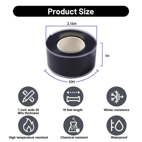 Self Fusing Silicone Tape 2 Rolls 1 Inch By 10 Foot Black Waterproof Rescue Tape shown with size and features
