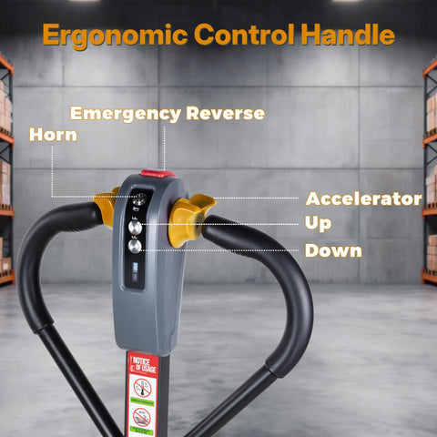 Heavy Duty Electric Pallet Jack With 3,300 Lbs Capacity And 48V Lithium Battery ergonomic control handle features, including accelerator and horn.