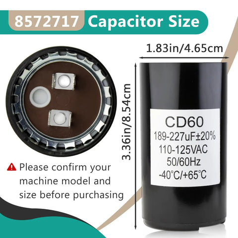 Washer Start Capacitor Replacement Part For Most Top And Front Load Washers Fits 661606 WP8572717 2859 357021 W10244889 3949169 482156 Black Durable Replacement Part For Easy Fix And Long Lasting Performance, black cylindrical 8572717 capacitor with 4.65 cm size