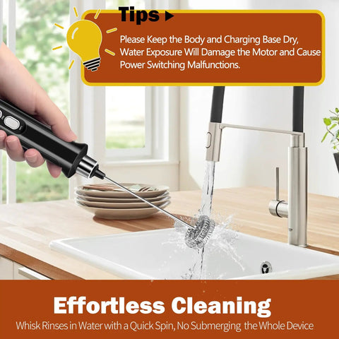 Rechargeable Handheld Milk Frother With 3 Speed Settings And 3 Detachable Stainless Whisks being rinsed under a faucet