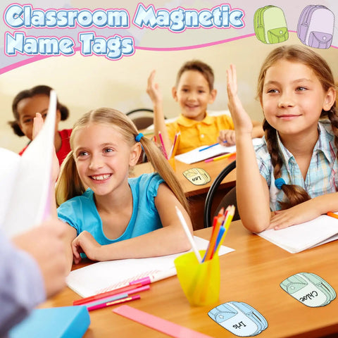 Children in classroom with 36 Piece Magnetic Name Tags Dry Erase Labels In 12 Colors Schoolbag Shaped on desks
