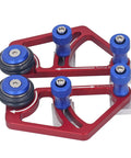 Knock Out Clean Cuts With This Heavy Duty Aluminum Bearing Roller Feeder Jig For Table Saws And Band Saws Featuring Dual Precision Rollers and red and blue components.