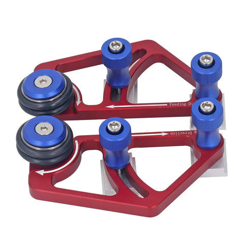 Knock Out Clean Cuts With This Heavy Duty Aluminum Bearing Roller Feeder Jig For Table Saws And Band Saws Featuring Dual Precision Rollers and red and blue components.