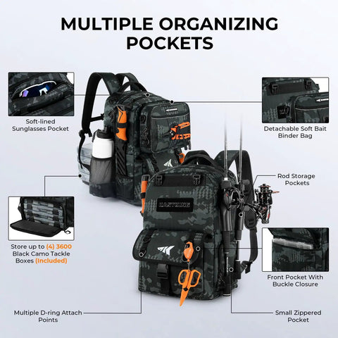 50L Fishing Tackle Backpack with Removable Bait Binder and Four Tackle Boxes, two rod holders, black camo design, organizing pockets