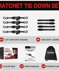 Heavy Duty Self Retracting Tie Down Straps 1 Inch By 12 Feet With Soft Loops, 1500 Pound Break Strength, Four Pack set