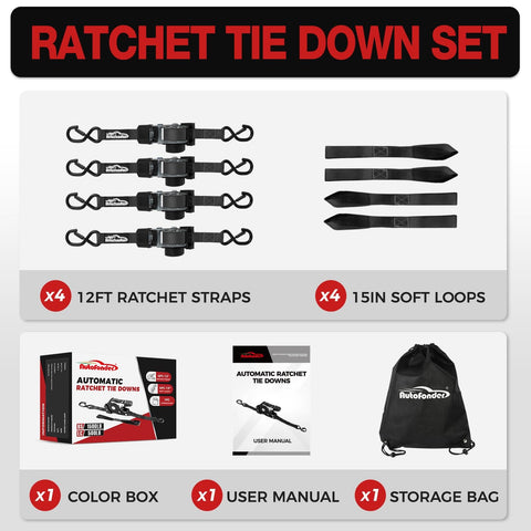 Heavy Duty Self Retracting Tie Down Straps 1 Inch By 12 Feet With Soft Loops, 1500 Pound Break Strength, Four Pack set
