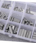 Pro Grade Square Parallel Pin Set With Flat Head Machine Pins, 140-Piece Assortment shown in plastic organizer, lightweight steel.
