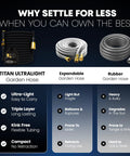 Front view of Titan Ultralight Garden Hose lineup (50ft) showing ultralight, expandable, and rubber hoses with brass fittings