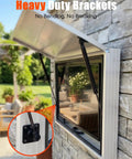 Heavy duty brackets with gas strut lift supports for outdoor window installation and smooth opening, offering stability and strength.
