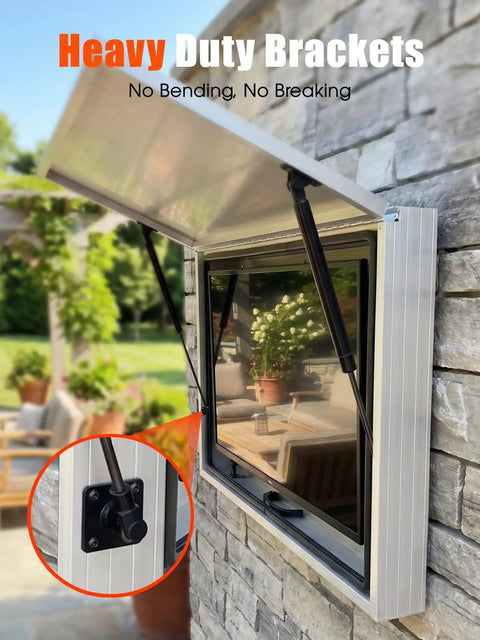 Heavy duty brackets with gas strut lift supports for outdoor window installation and smooth opening, offering stability and strength.