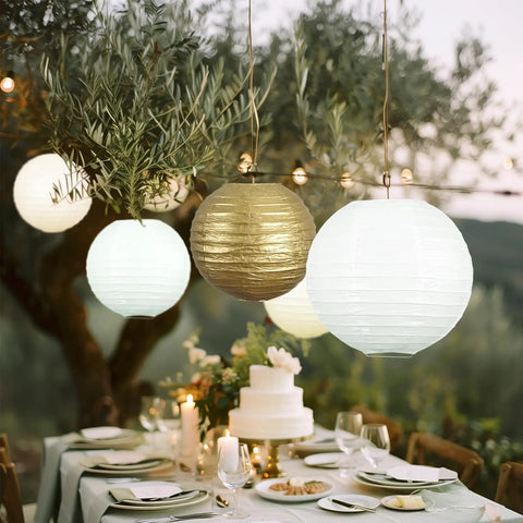 18 Piece Metallic Gold Paper Lantern Set For Weddings And Parties Assorted 8 10 And 12 Inch Sizes Reusable Easy Assemble Hanging Japanese Lanterns