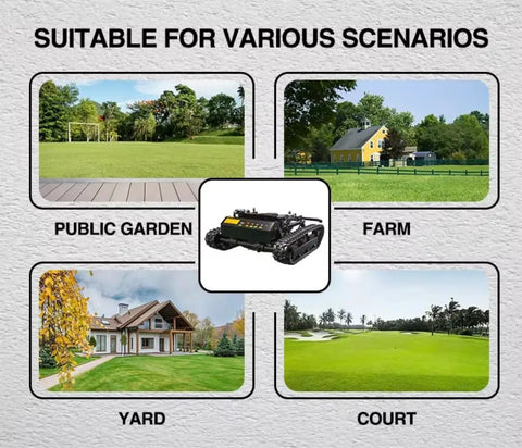Remote-Controlled Tracked Lawn Mowing Robot With Adjustable Cutting Height in various garden and yard scenarios