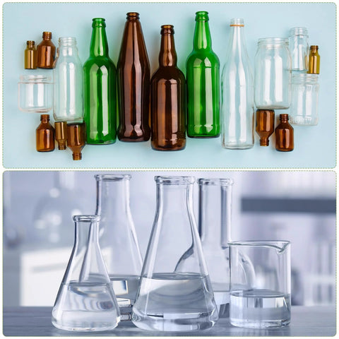 Assorted glass bottles and laboratory glassware on a light background, including brown and green bottles and clear beakers and flasks