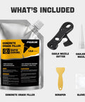 Your Go To Self Leveling Cement And Concrete Crack Filler For Driveways Patios And Walkways With Oil Based Waterproof Quick Dry Repair Sealant For Garage Floors Foundations Basements And More In Gray shown with accessories including caulk nozzle cutter, caulking nozzle, scraper, and gloves.