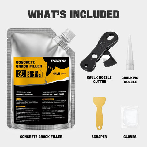 Your Go To Self Leveling Cement And Concrete Crack Filler For Driveways Patios And Walkways With Oil Based Waterproof Quick Dry Repair Sealant For Garage Floors Foundations Basements And More In Gray shown with accessories including caulk nozzle cutter, caulking nozzle, scraper, and gloves.