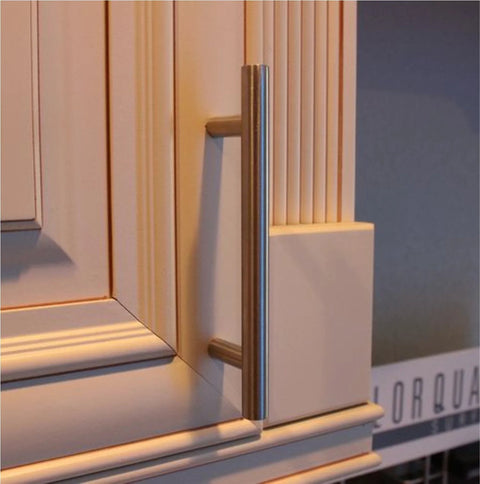 Contemporary Brushed Nickel Pull Handle Set 10 Pack 4-1/4 Inch Hole Centers Euro Style kitchen cabinetry installation view