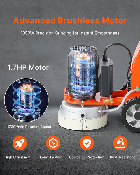 10 Inch Electric Concrete Floor Grinder Walk Behind Polisher With 1.7HP Brushless Copper Motor 1300W 1720 RPM for smooth floor prep