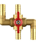 4 Way Automotive Heating Water Valve With 5/8 Inch Solid Brass Build And Manual Control For Vehicle Heater Ac Coolant Flow Rig Ready, front view with red knob.