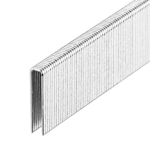 Top Shelf 18 Gauge 1/4-Inch Narrow Crown Staples 1-1/2-Inch Length 1120 Count close-up, showing metal fasteners for woodworking.