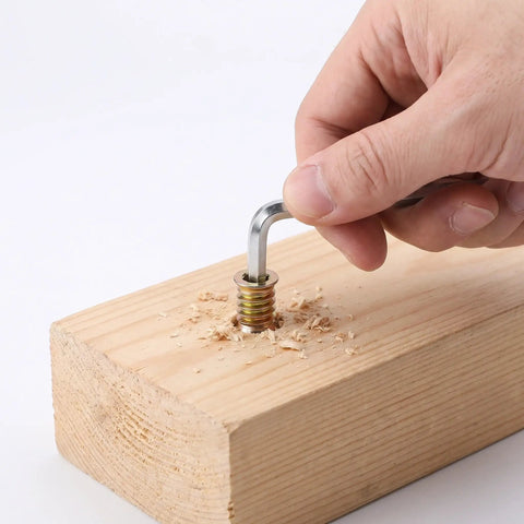 Solid Wood Threaded Insert Nuts Set Including Hex Wrench For Super Easy Furniture Repair And DIY Home Fixes With Quick Grip Installation. Hex wrench in wood insert