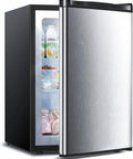 Straight Up Awesome 3.2 Cubic Foot Upright Freezer With Lightning Fast Cooling And Ridiculously Slim Build For Tiny Kitchens, shown open with food inside.