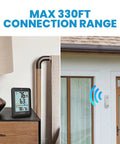 Indoor Outdoor Thermometer Wireless Weather Station With Comfort Indicator, black, showing indoor readings on tabletop.