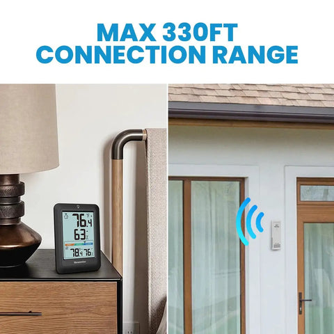 Indoor Outdoor Thermometer Wireless Weather Station With Comfort Indicator, black, showing indoor readings on tabletop.