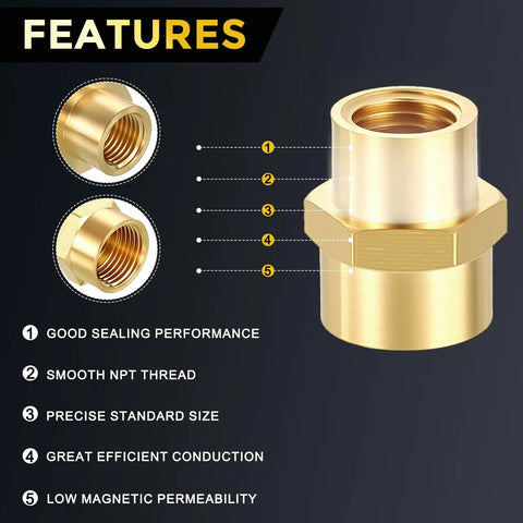 Brass pipe fitting features, 12 Pack Brass Pipe Fittings 3/8 In Female NPT To 1/4 In Female NPT Brass Couplings Hex Head Adapters, smooth threads.