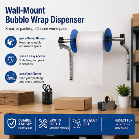 Kick Clutter To The Curb At Your Shipping Station With This Heavy Duty Wall Mount Bubble Wrap Dispenser And Steel Foam Roll Holder in workspace.