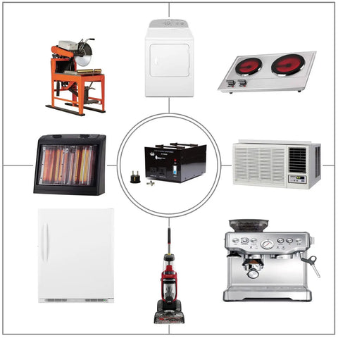 Heavy Duty 5000 Watt Voltage Converter Transformer For Step Up And Down 110V And 120V To 220V And 240V With Circuit Breaker Protection And USB 5V Port shown with various household appliances.