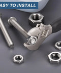Top Shelf 304 Stainless Steel Hex Nuts 2 Pack M16x1.5mm Fine Thread Lock Fasteners displayed with bolts and installation tool.