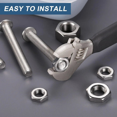 Top Shelf 304 Stainless Steel Hex Nuts 2 Pack M16x1.5mm Fine Thread Lock Fasteners displayed with bolts and installation tool.
