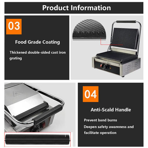 Heavy Duty Electric Sandwich Press Grill 2200W Nonstick Plate Commercial Toastie Maker showcasing thickened cast iron grating and anti-scald handle.