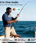 Man fishing wearing 4K Video Glasses With 8MP Camera For Vlog Travel And Work On The Go Open Ear Audio Real Time Translation.