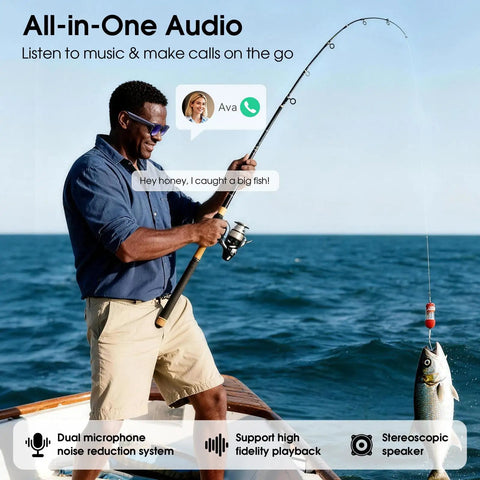 Man fishing wearing 4K Video Glasses With 8MP Camera For Vlog Travel And Work On The Go Open Ear Audio Real Time Translation.