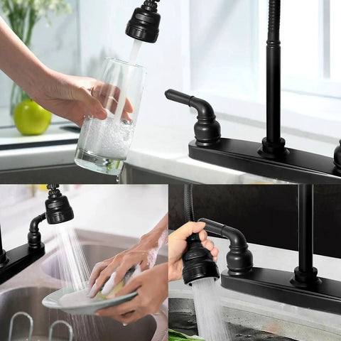 Heavy Duty Rv Kitchen Faucet Built Tight For Campers And Vans Smooth Turning 360 Head Delivers A Clean Stream Or Slick Spray No Sweat Eight Inch Two Hole Swap Tailored For Road Trips And Overland Setup. Top view of a black RV kitchen faucet spraying water into a glass.