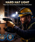 Worker using drill with hard hat wearing Two Pack Rechargeable Headlamp With Beast Bright LED Beam Motion Sensor Zoom Five Modes 800 Meters Reach