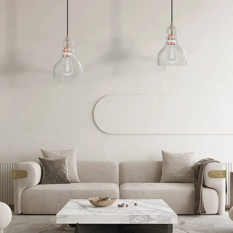Dope Industrial Farmhouse Glass Pendant Lights 6.5 Inch Hand Blown Seeded Glass Washed Copper Finish 2 Pack Ceiling Light For Kitchen Island Bedroom Bar Corridor in modern living room setting