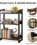 Three Tier Narrow Bookshelf With Edge Protection And Side Cross Tube Design For Picture Frames Statues Easy Peasy Setup Super Solid Storage Rack showcasing sturdy frame and adjustable feet.