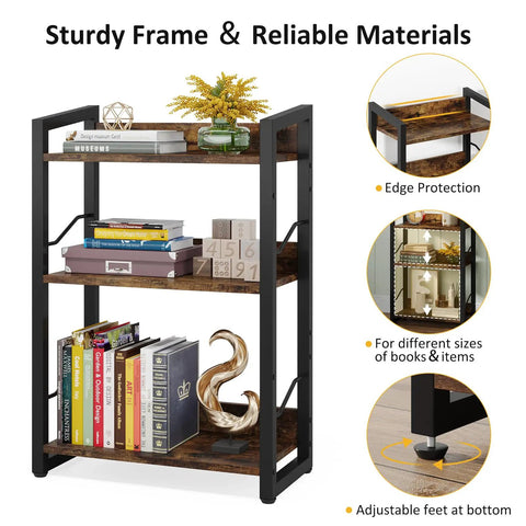 Three Tier Narrow Bookshelf With Edge Protection And Side Cross Tube Design For Picture Frames Statues Easy Peasy Setup Super Solid Storage Rack showcasing sturdy frame and adjustable feet.