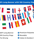 82 Foot Pre Strung 100 Country Flags World Bunting displayed in a classroom setting, colorful polyester flags hanging.