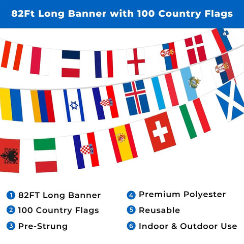 82 Foot Pre Strung 100 Country Flags World Bunting displayed in a classroom setting, colorful polyester flags hanging.