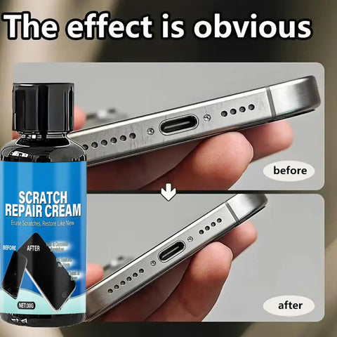 Phone Screen Scratch Remover Kit With Soft Sponge And Polishing Cream Fast Fix Beef Up Clarity For Glass Screens And Metal Frames Without Damaging Coatings 30g 100g showing before and after use on a metal frame.
