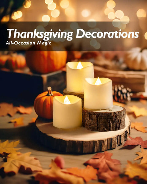 12 Pack Timer Flameless LED Votive Candles For Weddings With Auto On Off 6H 18H styled for a Thanksgiving table setting.