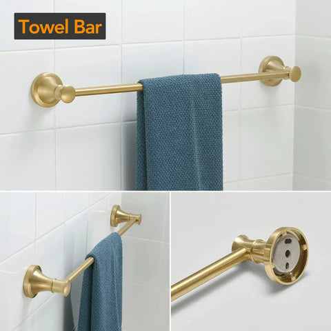 Brushed Gold 4 Piece Bathroom Hardware Set For Walls With Towel Bar Towel Ring Toilet Paper Holder And Double Towel Hooks