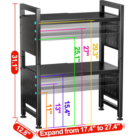 Heavy Duty Microwave Stand With Expandable 3 Tier Frame And Adjustable Height For Tight Kitchen Counters Nine Hanging Hooks And Cutting Board Rack Holds A Ton Up To 180 Pounds In Matte Black