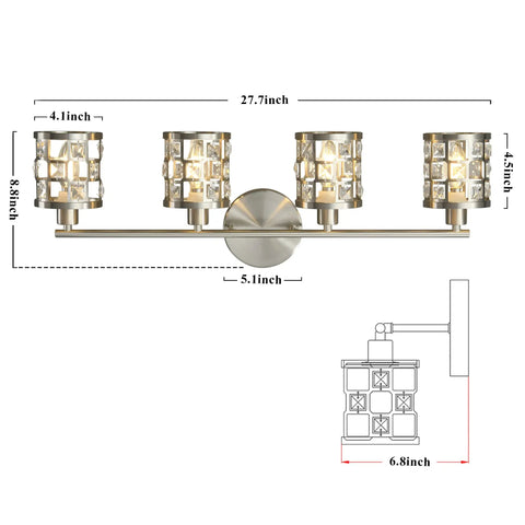 4 Light Bathroom Vanity Light In Brushed Nickel With Cylinder Crystal Shades Modern Wall Lights Over Mirror K9 Crystal Finishes